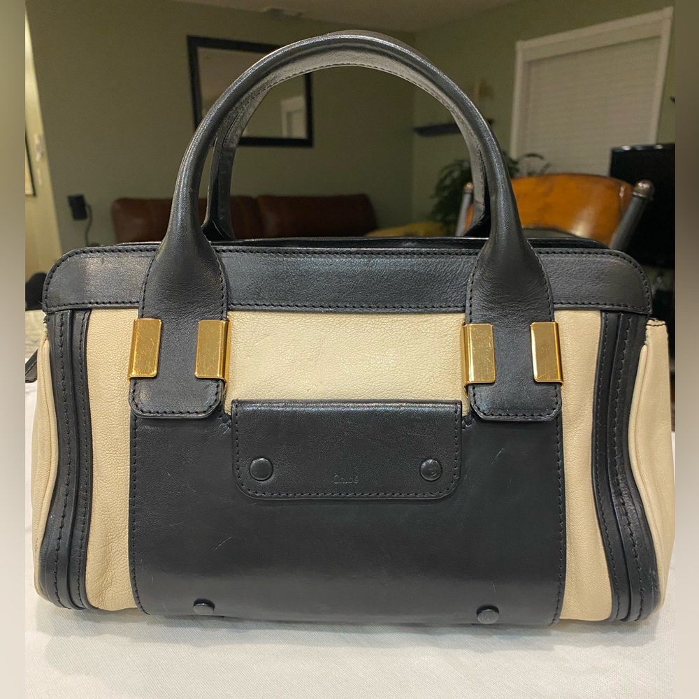CHLOE ALICE  Black and Cream Handbag with Gold Accents